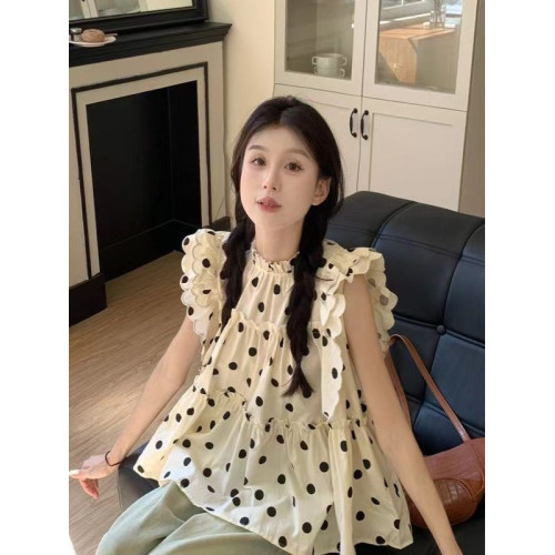 甜美波點飛飛袖襯衫女夏季2025新款重工設計感木耳邊寬松別致小衫