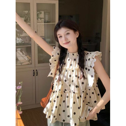 甜美波點飛飛袖襯衫女夏季2025新款重工設計感木耳邊寬松別致小衫