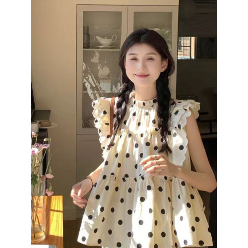 甜美波點飛飛袖襯衫女夏季2025新款重工設計感木耳邊寬松別致小衫