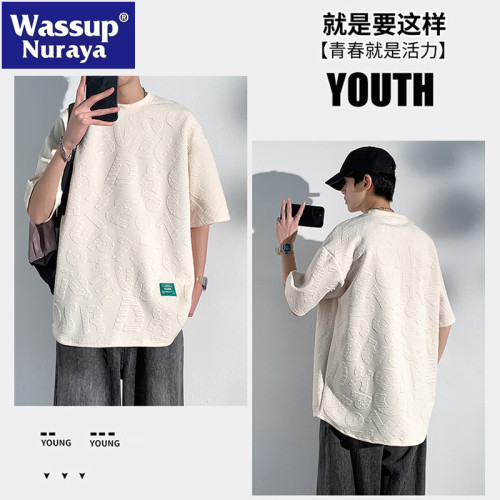 WASSUP NURAYA提花短袖t恤男夏季潮流重磅半袖情侶休閒寬松上衣T