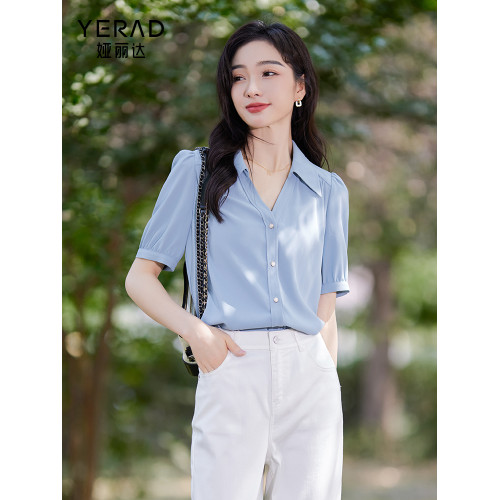 婭麗達高級感通勤藍色職業短袖襯衫女夏季2025新款大碼雪紡襯衣