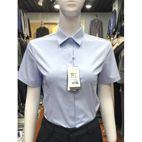 短袖淺藍色襯衫女職業正裝免燙竹纖維公務員教師面試工作服暗釦夏