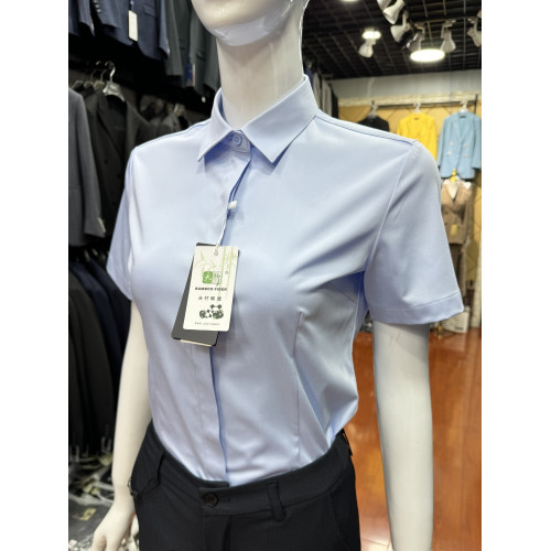 短袖淺藍色襯衫女職業正裝免燙竹纖維公務員教師面試工作服暗釦夏