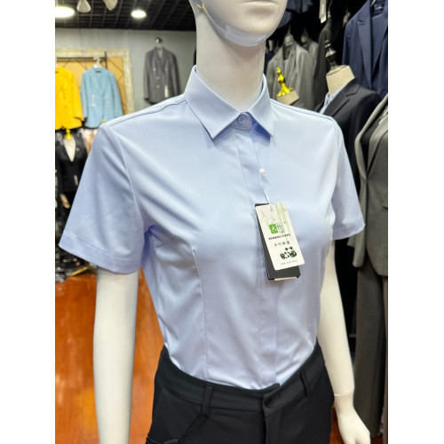 短袖淺藍色襯衫女職業正裝免燙竹纖維公務員教師面試工作服暗釦夏