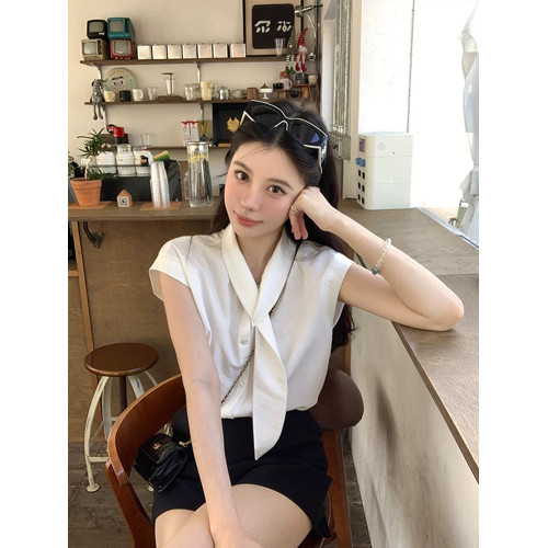 法式飄帶領甜美白色上衣女夏季裝新款小衆設計感休閒寬松顯瘦襯衫