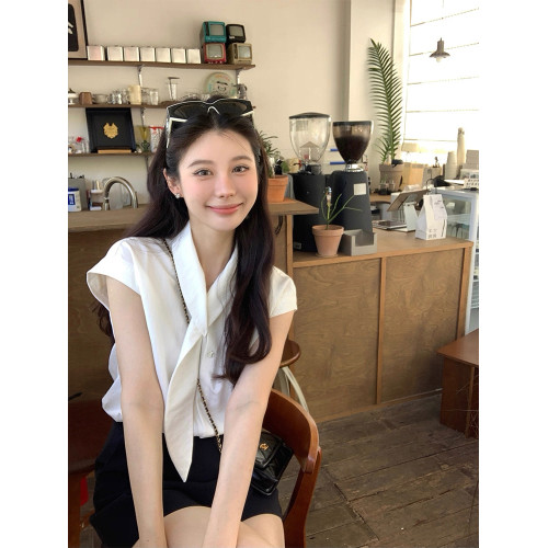 法式飄帶領甜美白色上衣女夏季裝新款小衆設計感休閒寬松顯瘦襯衫