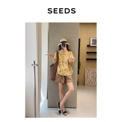 【梧桐疏影】SEEDS 日産輕薄鹽縮泡泡紗復古時髦剪影印花系帶襯衫