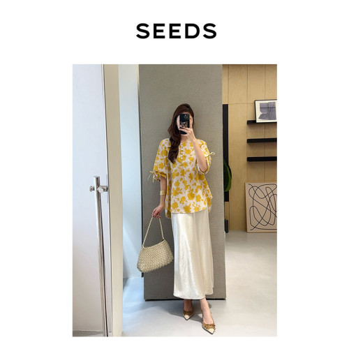【梧桐疏影】SEEDS 日産輕薄鹽縮泡泡紗復古時髦剪影印花系帶襯衫