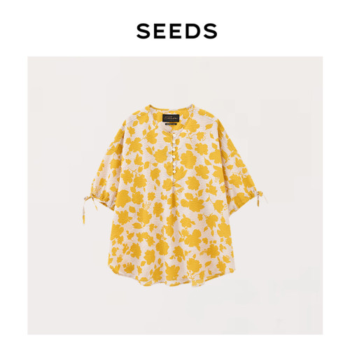 【梧桐疏影】SEEDS 日産輕薄鹽縮泡泡紗復古時髦剪影印花系帶襯衫