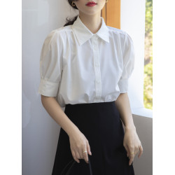 2023夏季法式氣質白襯衫女短袖設計感小衆通勤正裝翻領泡泡袖上衣