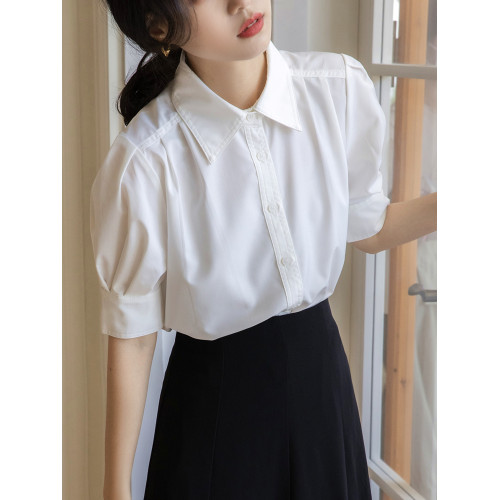 2023夏季法式氣質白襯衫女短袖設計感小衆通勤正裝翻領泡泡袖上衣
