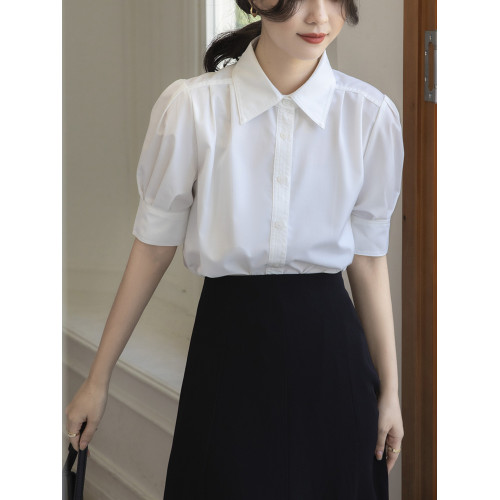 2023夏季法式氣質白襯衫女短袖設計感小衆通勤正裝翻領泡泡袖上衣