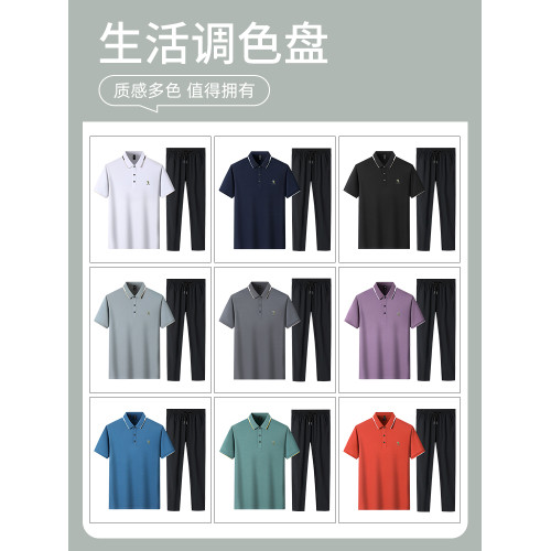 啄木鳥官方桑蠶絲夏季短袖polo衫男兩件套裝中年父親爸爸T恤衣服