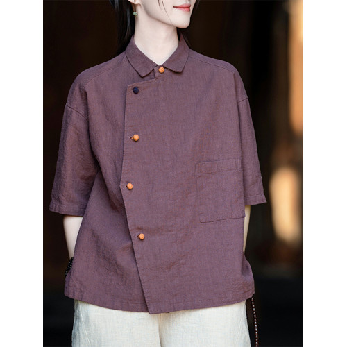苧麻復古新中式襯衫女夏季2025新款棉麻國風禪意茶服短袖短款上衣