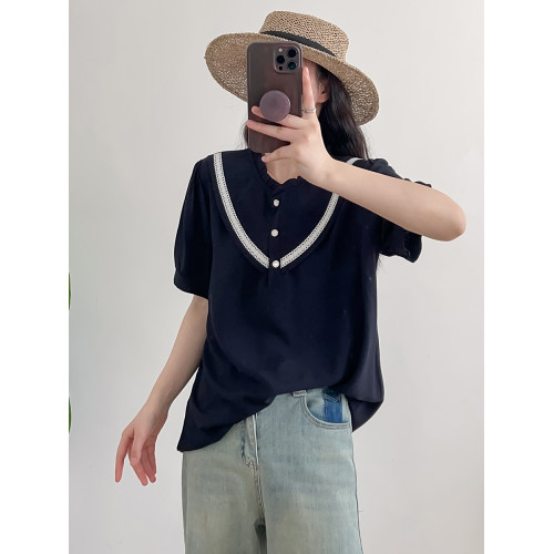 棉綢襯衫女2025年夏季薄款韓版圓領短袖人造棉上衣寬松顯瘦T恤衫