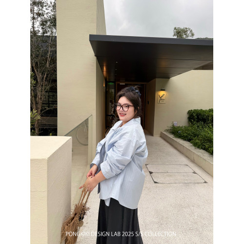 老章和小胖PONGKIKI海鹽慵懶襯衫女大碼寬鬆百搭落肩飛機領襯衣夏