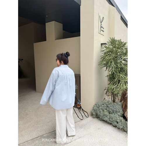 老章和小胖PONGKIKI海鹽慵懶襯衫女大碼寬鬆百搭落肩飛機領襯衣夏
