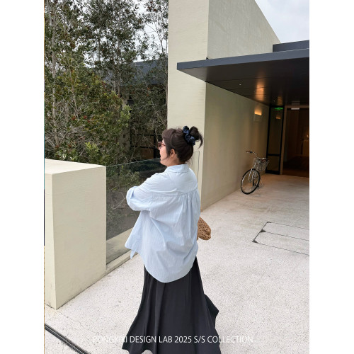 老章和小胖PONGKIKI海鹽慵懶襯衫女大碼寬鬆百搭落肩飛機領襯衣夏