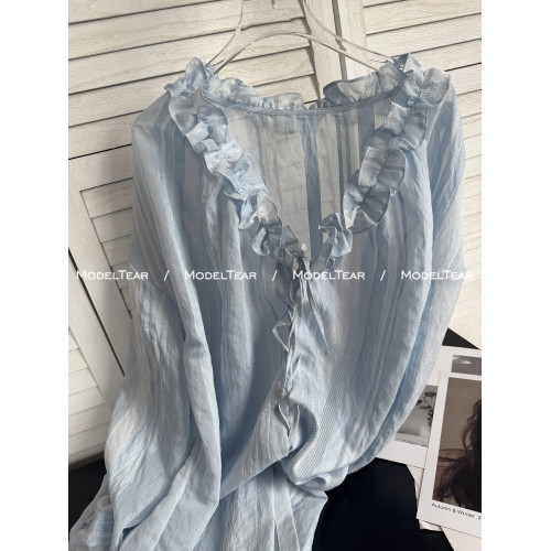 Modeltear藍白提花條紋花邊v領系帶防曬寬松襯衫