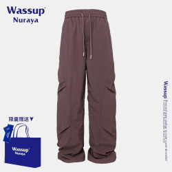 WASSUP NURAYA美式潮牌褶皺速乾長褲男女款夏季新款濶腿休閒褲子