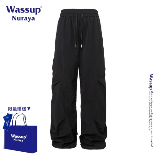 WASSUP NURAYA美式潮牌褶皺速乾長褲男女款夏季新款濶腿休閒褲子