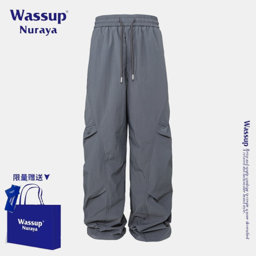 WASSUP NURAYA美式潮牌褶皺速乾長褲男女款夏季新款濶腿休閒褲子