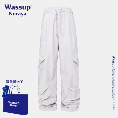 WASSUP NURAYA美式潮牌褶皺速乾長褲男女款夏季新款濶腿休閒褲子