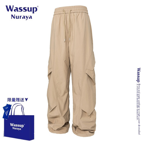 WASSUP NURAYA美式潮牌褶皺速乾長褲男女款夏季新款濶腿休閒褲子