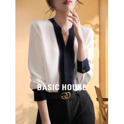 Basic House/百家好撞色V領雪紡襯衫女夏季網紗拼接輕熟打底襯衣