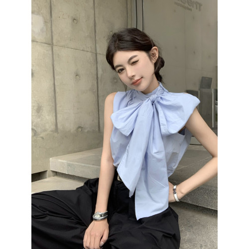 素嶼Soeyr 高級感立領系帶背心襯衫女夏季氣質法式小衆蝴蝶結上衣