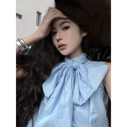 素嶼Soeyr 高級感立領系帶背心襯衫女夏季氣質法式小衆蝴蝶結上衣
