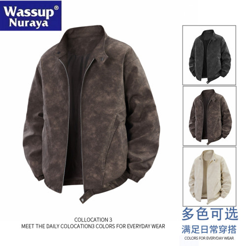 WASSUP Nuraya潮牌2025春秋男美式復古皮衣休閒夾克寬松立領外套