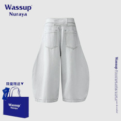 WASSUP NURAYA美式復古彎刀牛仔褲男士夏季新款濶腿褲寬松七分褲
