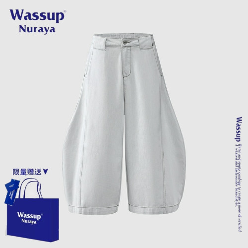 WASSUP NURAYA美式復古彎刀牛仔褲男士夏季新款濶腿褲寬松七分褲
