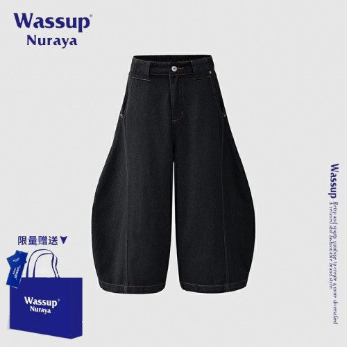 WASSUP NURAYA美式復古彎刀牛仔褲男士夏季新款濶腿褲寬松七分褲