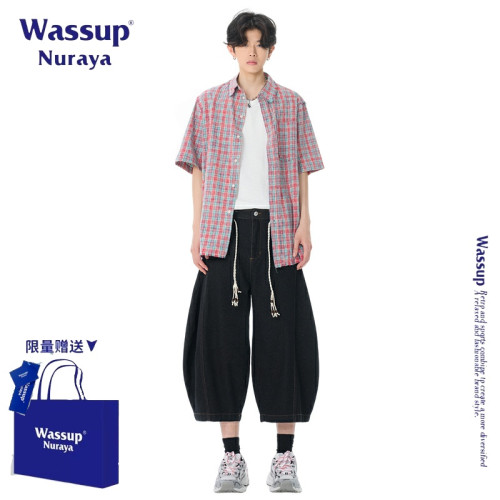 WASSUP NURAYA美式復古彎刀牛仔褲男士夏季新款濶腿褲寬松七分褲