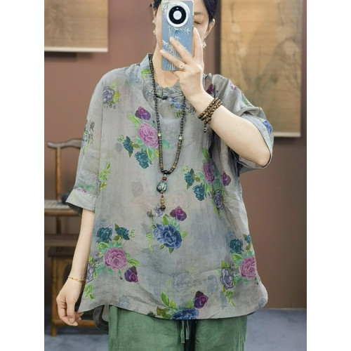 束心新中式女裝新款苧麻印花復古立領斜襟盤釦寬松連肩五分袖襯衫