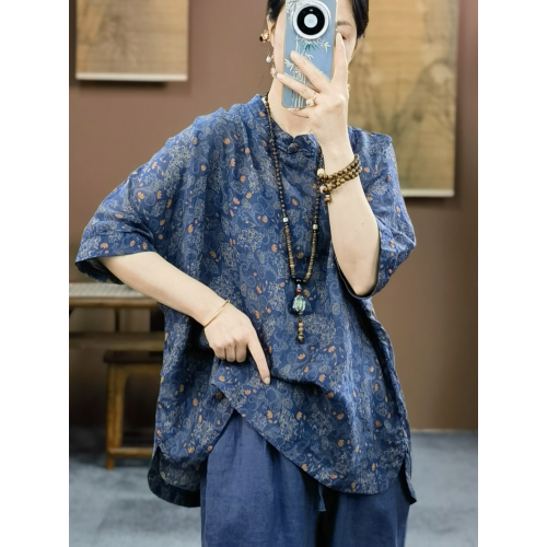 束心新中式女裝新款苧麻印花復古立領斜襟盤釦寬松連肩五分袖襯衫
