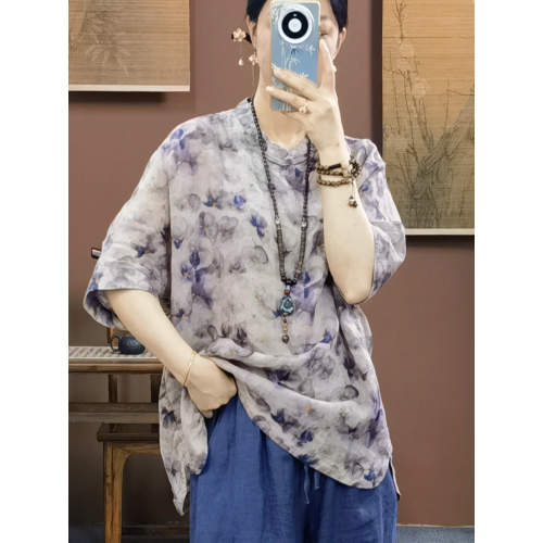 束心新中式女裝新款苧麻印花復古立領斜襟盤釦寬松連肩五分袖襯衫