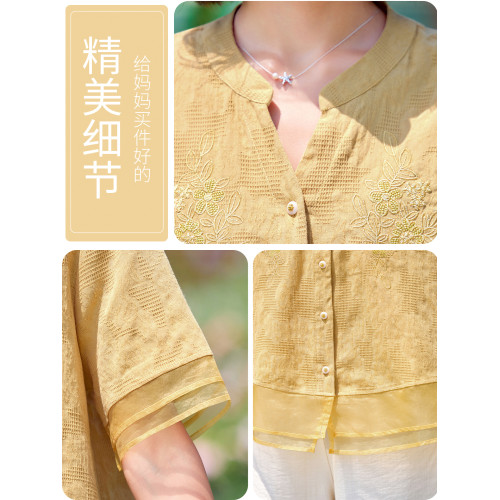 媽媽休閒棉麻襯衫中年女裝夏裝短袖上衣服中老年2025新款襯衣套裝
