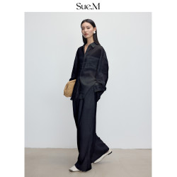 Sue.M進口100%亞麻松弛高級感黑色寬松襯衫/長褲/半身裙/短款套裝