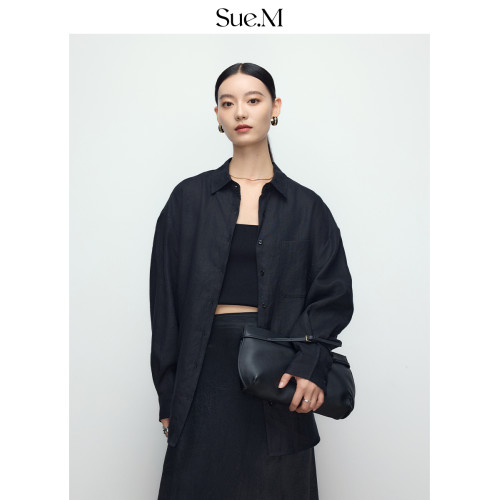 Sue.M進口100%亞麻松弛高級感黑色寬松襯衫/長褲/半身裙/短款套裝