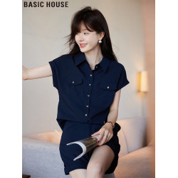 Basic House/百家好高級感藏青色短袖襯衫短褲套裝女夏季2025新款