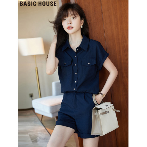 Basic House/百家好高級感藏青色短袖襯衫短褲套裝女夏季2025新款