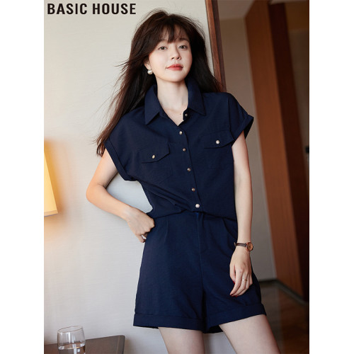 Basic House/百家好高級感藏青色短袖襯衫短褲套裝女夏季2025新款