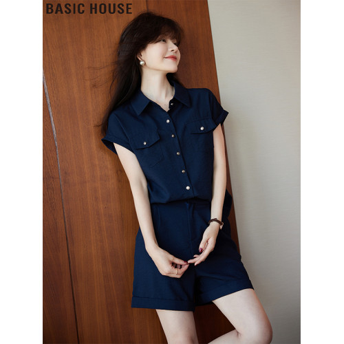 Basic House/百家好高級感藏青色短袖襯衫短褲套裝女夏季2025新款