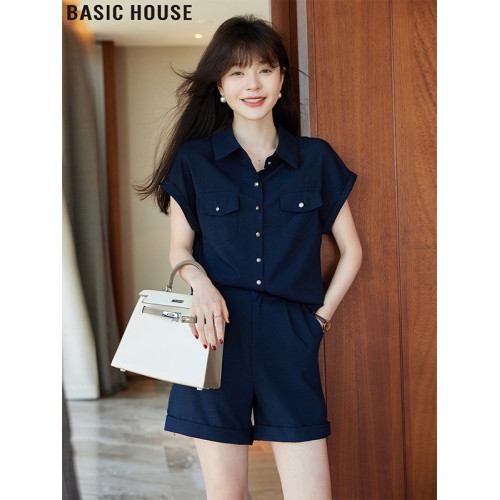 Basic House/百家好高級感藏青色短袖襯衫短褲套裝女夏季2025新款