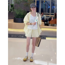 防曬時尚套裝女夏季2025新款洋氣寬松減齡黃色襯衫休閒短褲兩件套