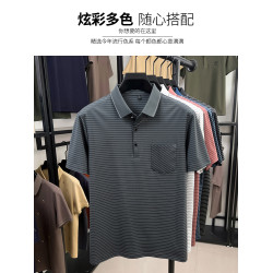 啄木鳥冰絲短袖t恤男士夏季薄款條紋翻領口袋款爸爸裝polo衫上衣C