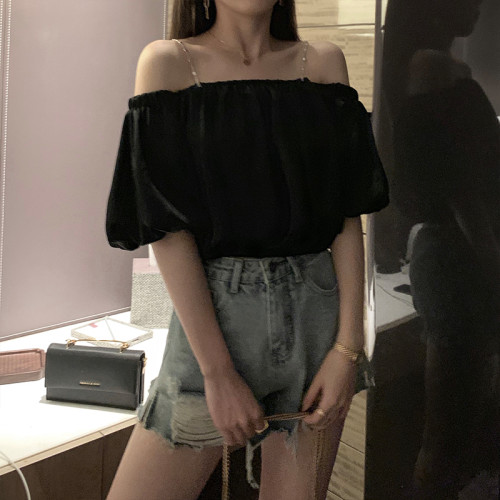 黑色一字肩上衣女夏季鎖骨心機吊帶短袖露肩t恤泡泡袖短款襯衫潮